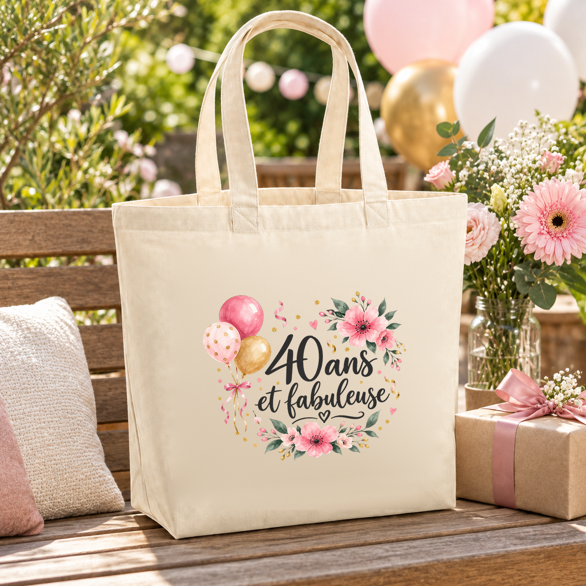 Tote bag anniversaire « 40 ans et fabuleuse » Premium posé sur une table de jardin, à côté de ballons, de fleurs et d'un cadeau