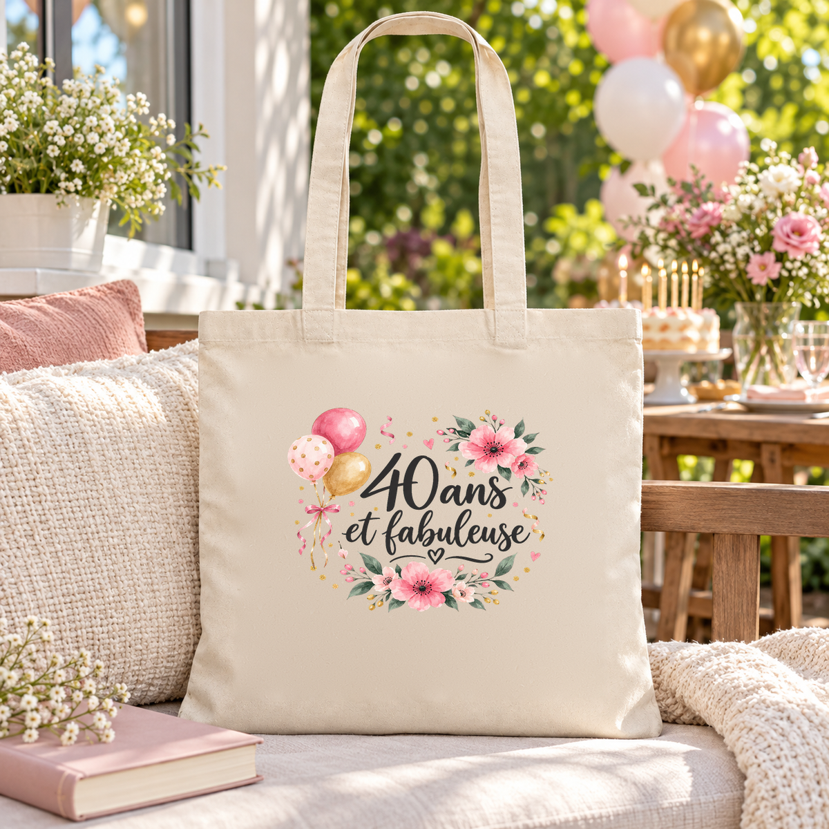 Tote bag anniversaire « 40 ans et fabuleuse » Essentiel posé sur une banquette près d'une fenêtre, entre ballons et bouquet de fleurs