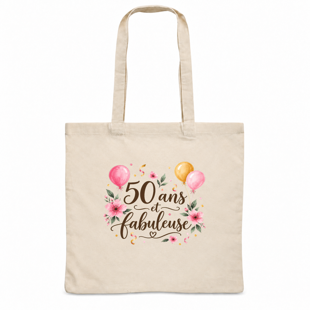 Tote bag anniversaire « 50 ans et fabuleuse » Essentiel, sac plat en coton naturel 140 g/m² de 38 × 42 cm, illustration à l'aquarelle de ballons roses et dorés et de fleurs roses