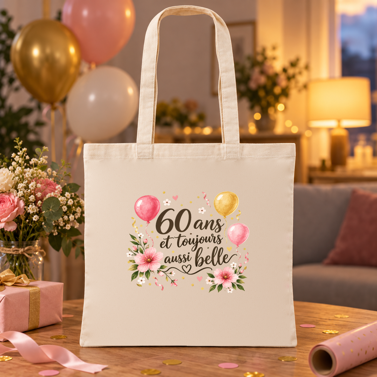 Tote bag anniversaire « 60 ans et toujours aussi belle » Essentiel posé sur une table de fête, à côté de cadeaux et de ballons dorés