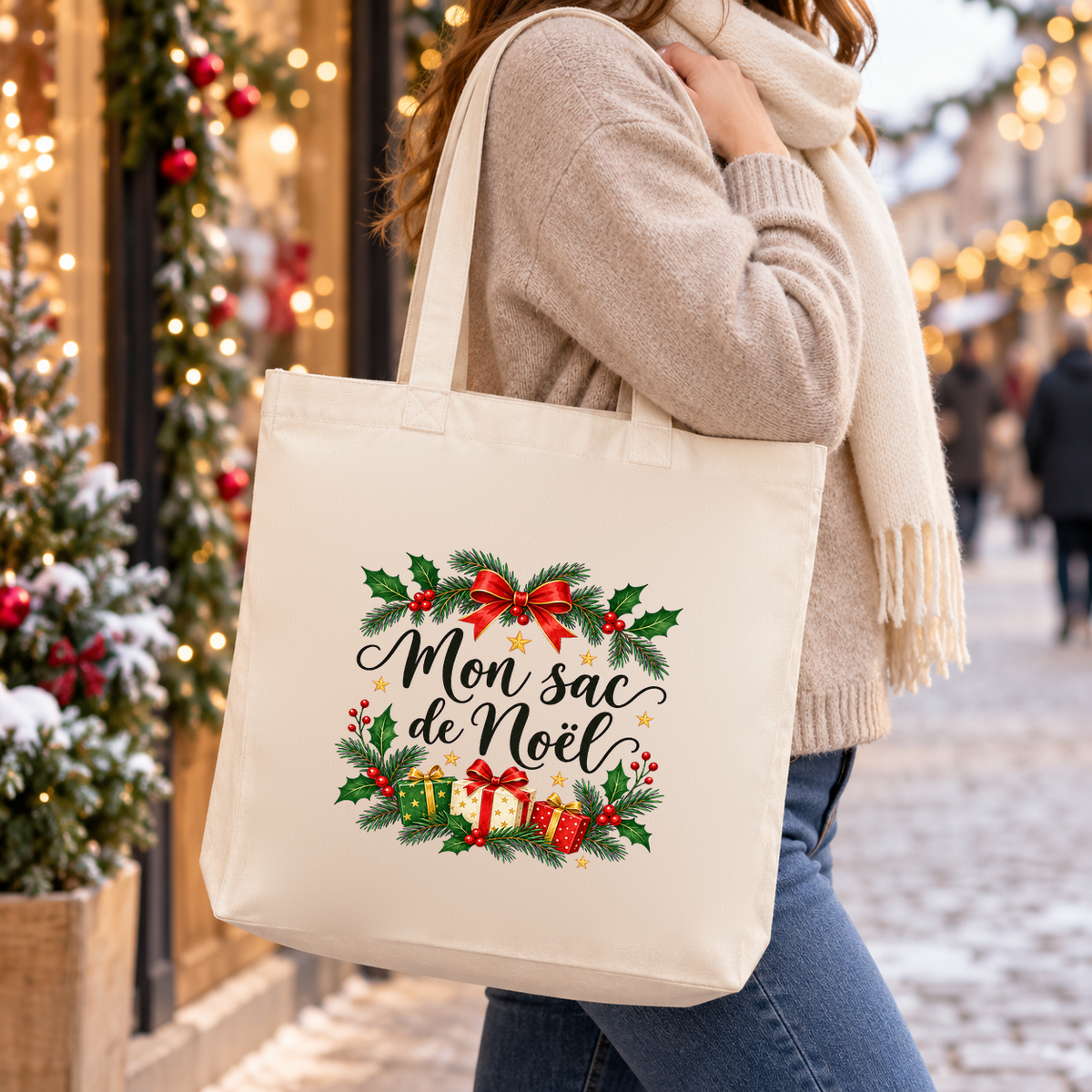 Tote bag de Noël « Mon sac de Noël » Premium porté à l'épaule dans une rue hivernale illuminée pour les fêtes