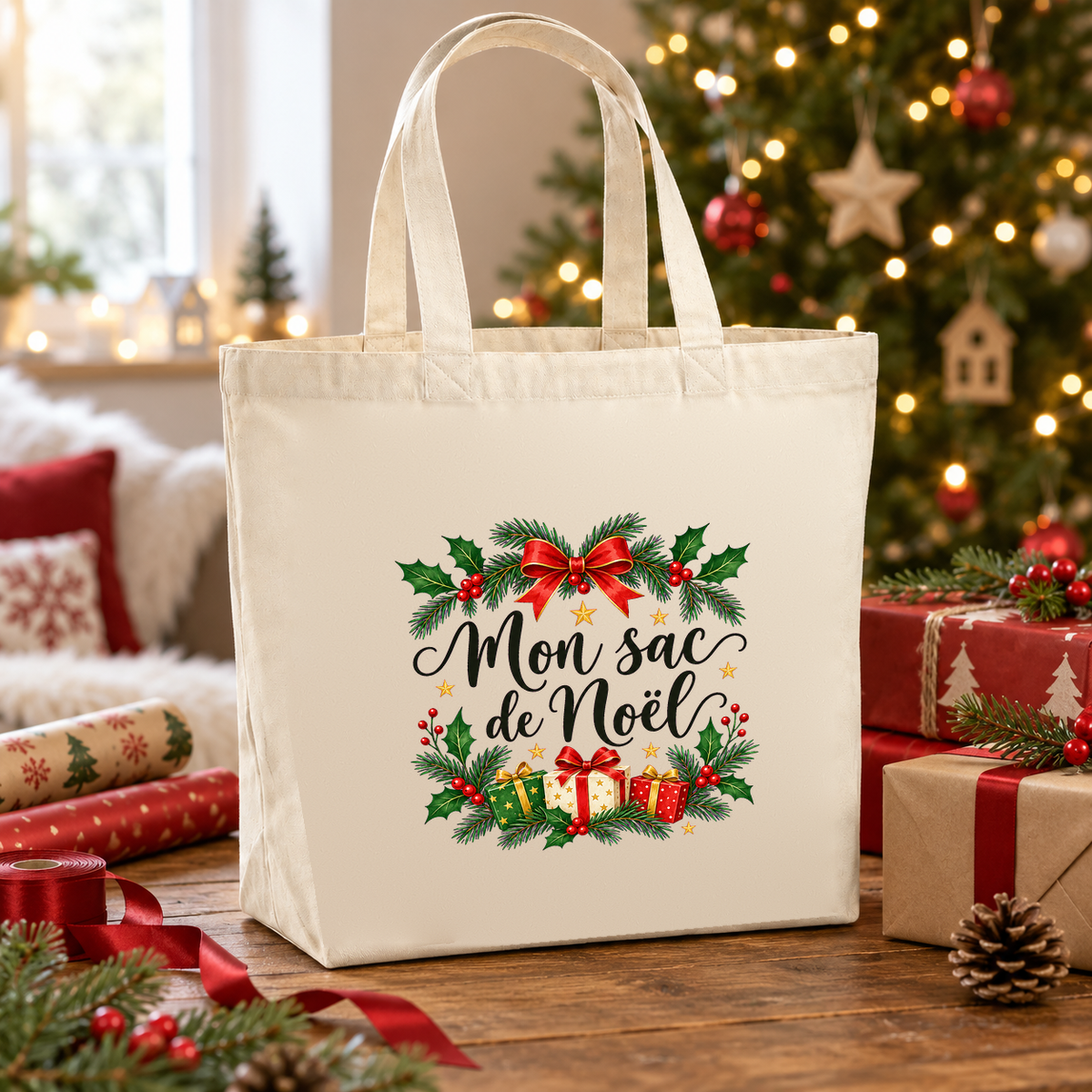 Tote bag de Noël « Mon sac de Noël » Premium posé sur une table, devant un sapin illuminé et des cadeaux emballés