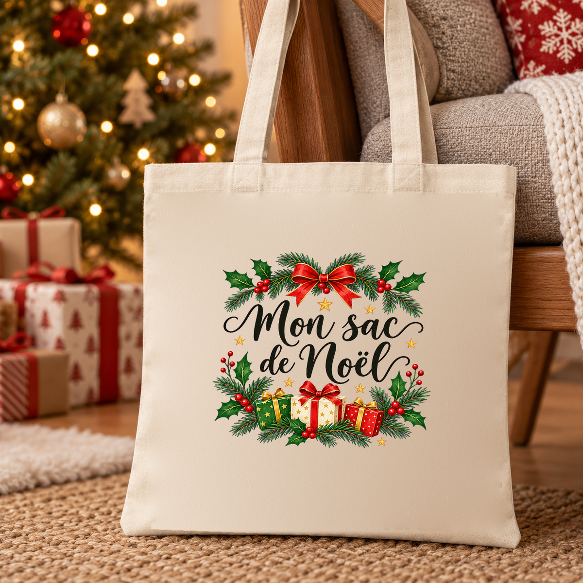 Tote bag de Noël « Mon sac de Noël » Essentiel posé contre un fauteuil, près du sapin et des cadeaux