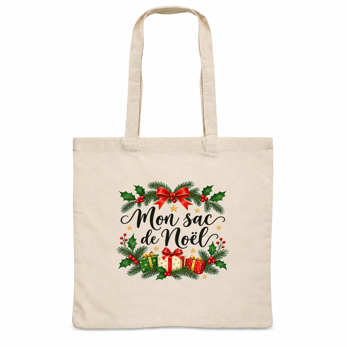 Tote bag de Noël « Mon sac de Noël » Essentiel, sac plat en coton naturel 140 g/m² de 38 × 42 cm, illustration à l'aquarelle de branches de sapin, de houx et de cadeaux emballés