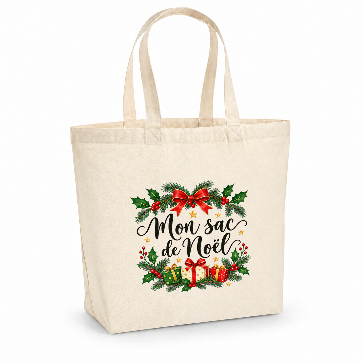 Tote bag de Noël « Mon sac de Noël » Premium, cabas à soufflet en coton naturel 200 g/m² de 18 litres, illustration à l'aquarelle de branches de sapin, de houx et de cadeaux emballés