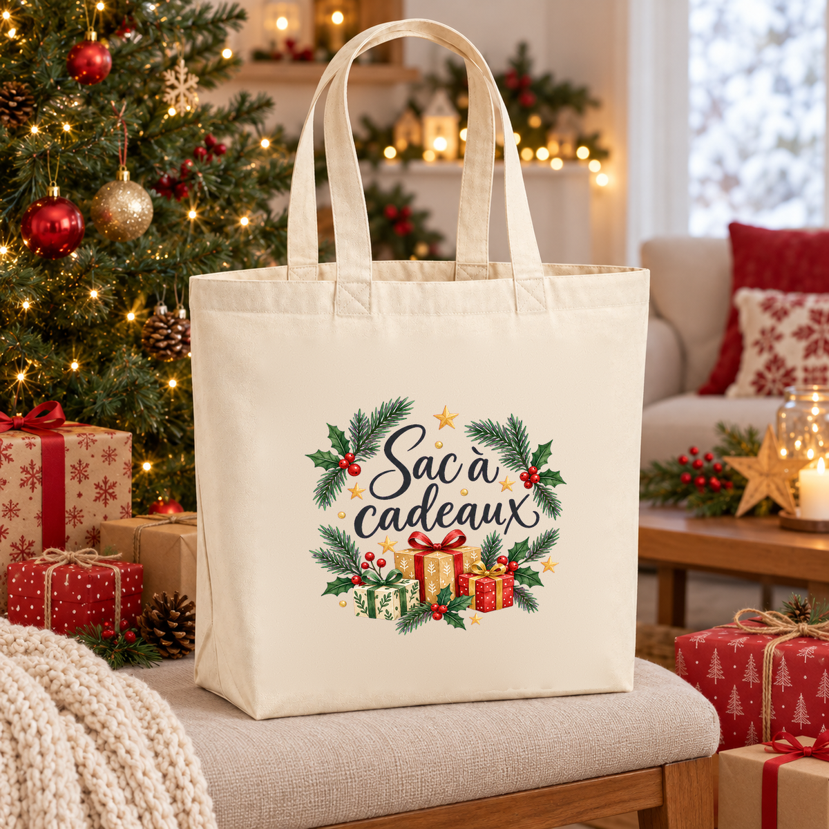 Tote bag de Noël « Sac à cadeaux » Premium posé sur un fauteuil près du sapin, entre cadeaux emballés et coussins rouges