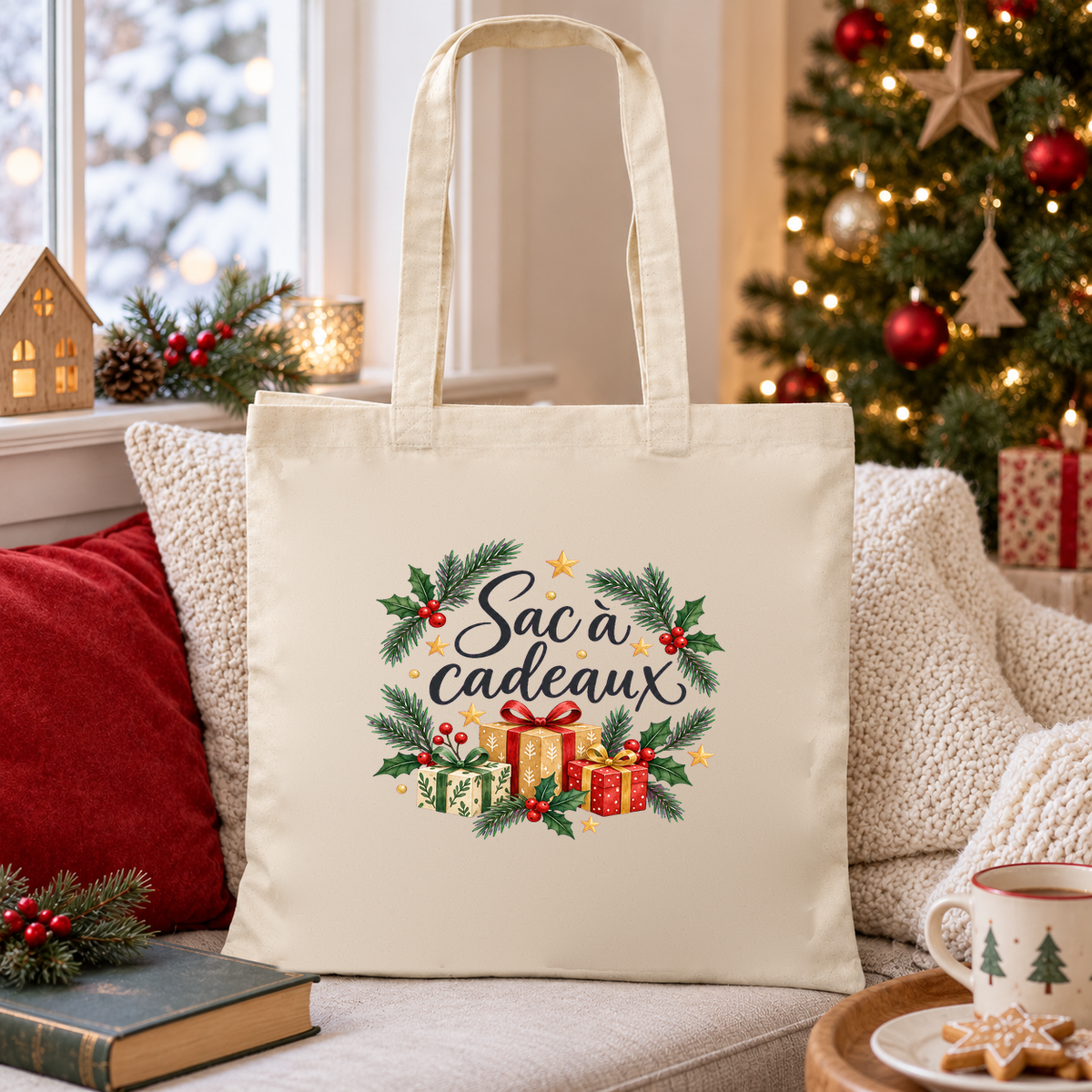 Tote bag de Noël « Sac à cadeaux » Essentiel posé sur une banquette près de la fenêtre, à côté d'un livre et d'une tasse