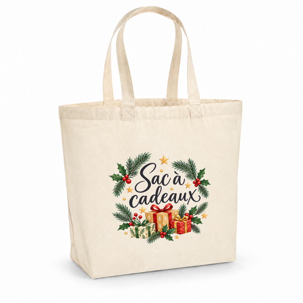 Tote bag de Noël « Sac à cadeaux » Premium, cabas à soufflet en coton naturel 200 g/m² de 18 litres, illustration à l'aquarelle de sapin, de houx et de cadeaux emballés