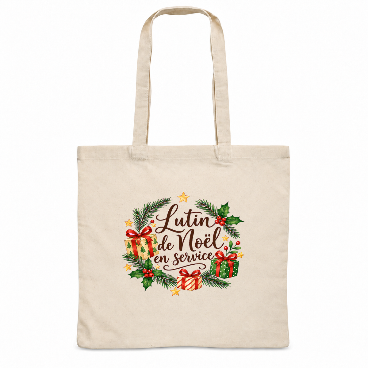 Tote bag de Noël « Lutin de Noël en service » Essentiel, sac plat en coton naturel 140 g/m² de 38 × 42 cm, illustration à l'aquarelle de sapin, de houx et de cadeaux emballés