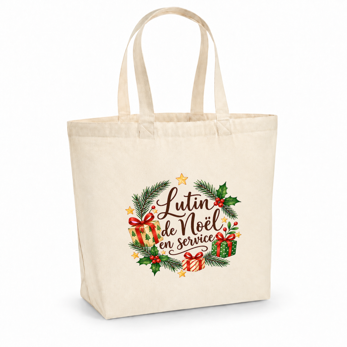 Tote bag de Noël « Lutin de Noël en service » Premium, cabas à soufflet en coton naturel 200 g/m² de 18 litres, illustration à l'aquarelle de sapin, de houx et de cadeaux emballés