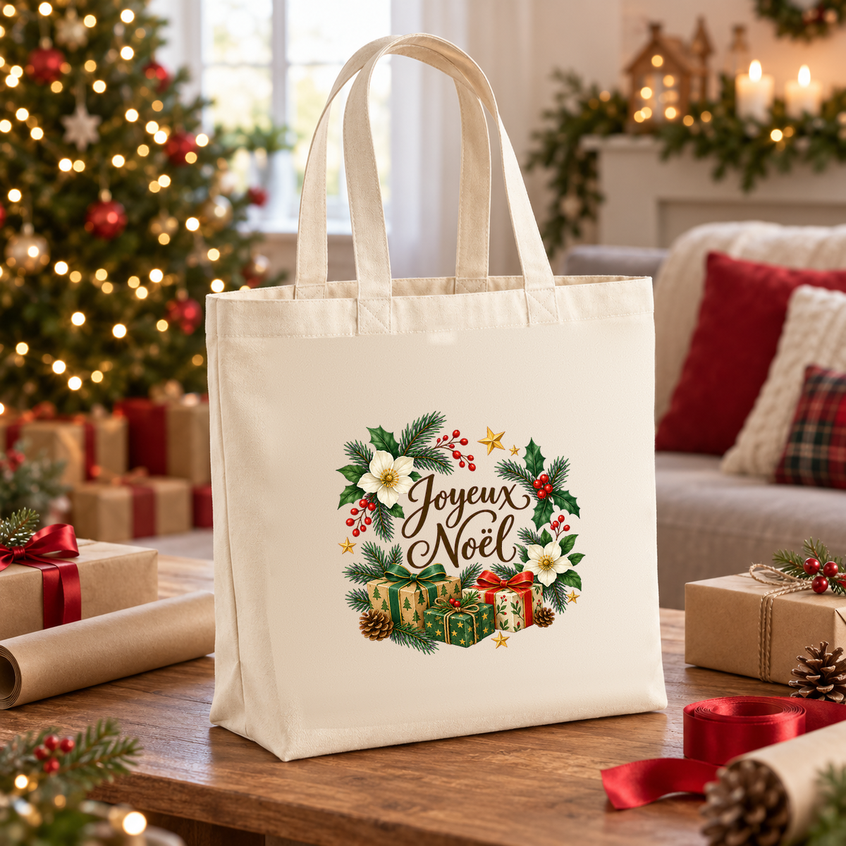 Tote bag Noël « Joyeux Noël » Premium posé sur une table entre papier cadeau, rubans et paquets, le sapin en fond