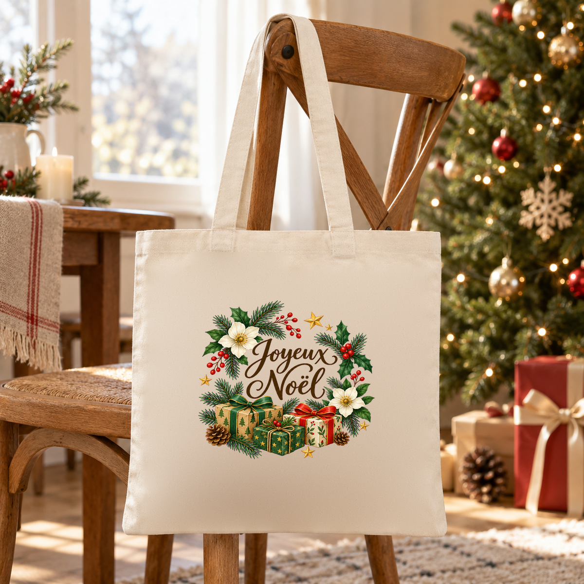 Tote bag Noël « Joyeux Noël » Essentiel suspendu à une chaise devant le sapin illuminé