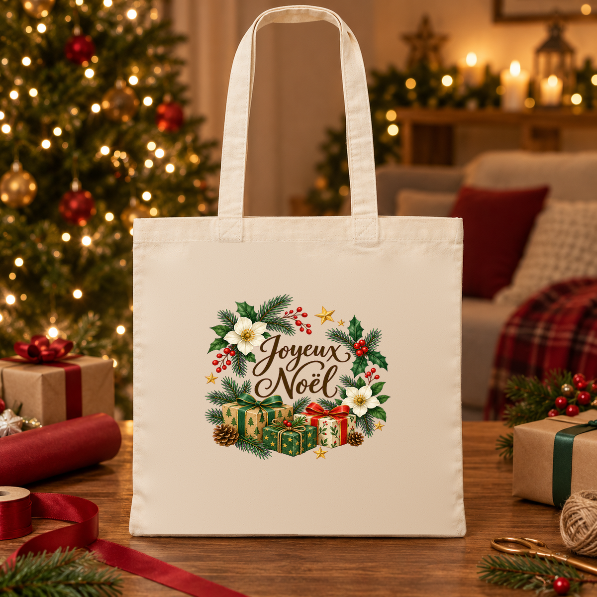 Tote bag Noël « Joyeux Noël » Essentiel posé sur une table devant le sapin, à côté de cadeaux