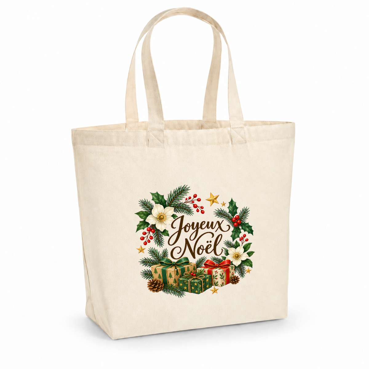 Tote bag Noël « Joyeux Noël » Premium, cabas à soufflet en coton naturel 200 g/m² de 18 litres, illustration à l'aquarelle d'une couronne de sapin, de houx et de cadeaux