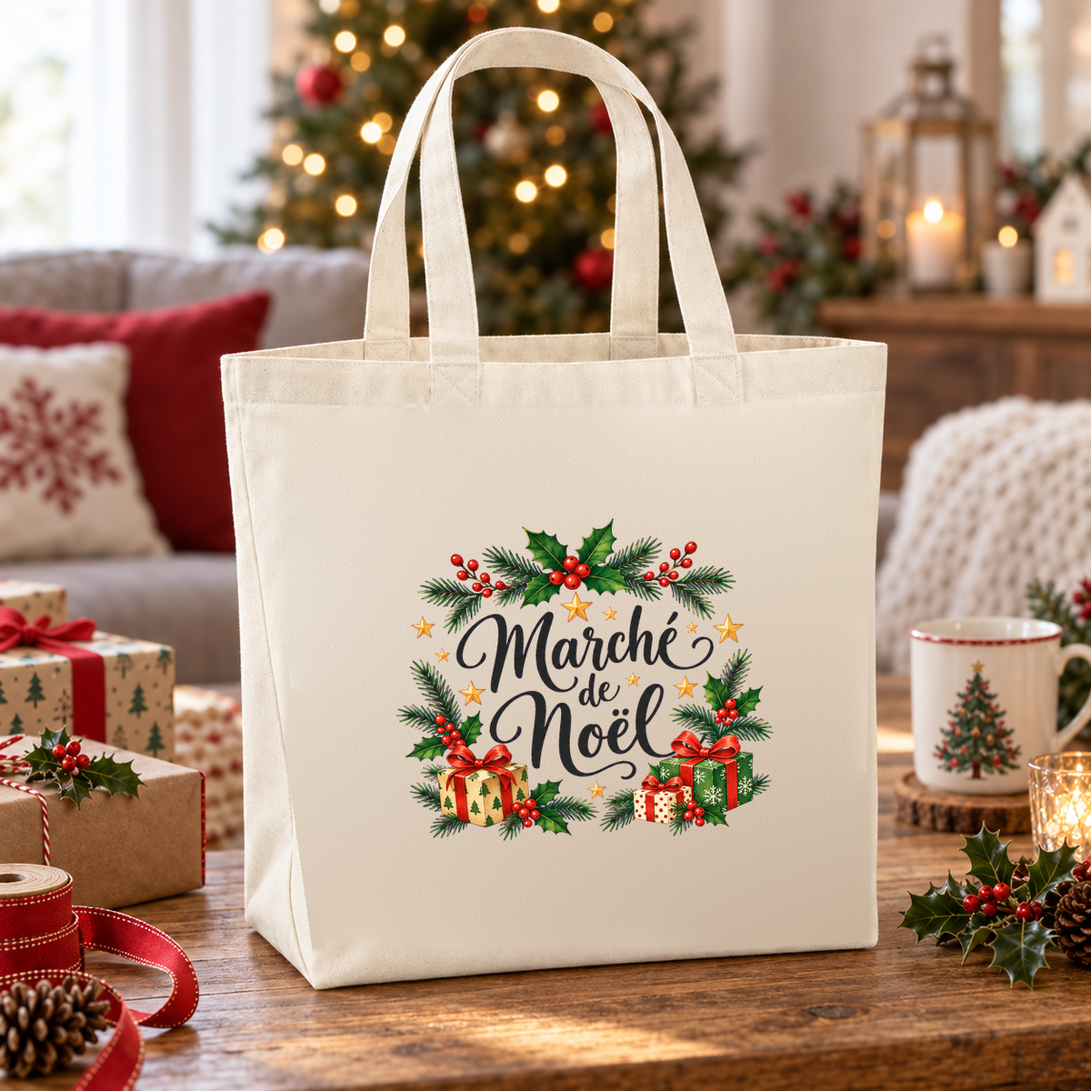 Tote bag de Noël « Marché de Noël » Premium posé sur une table de salon, à côté de cadeaux et de branches de houx