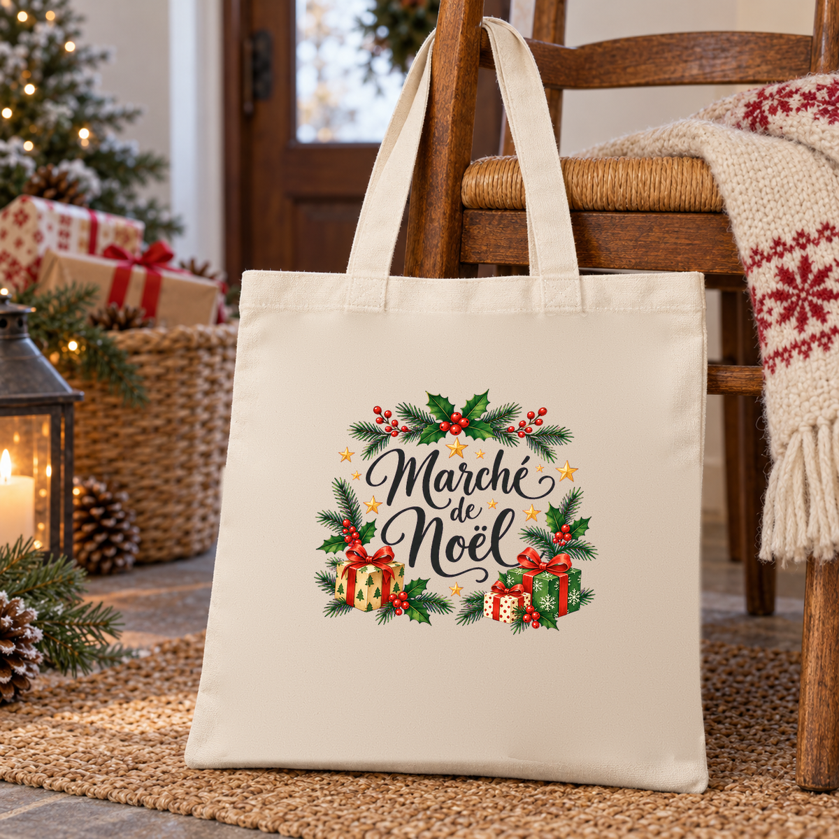 Tote bag de Noël « Marché de Noël » Essentiel posé contre une chaise à l'entrée de la maison, près d'un panier de cadeaux