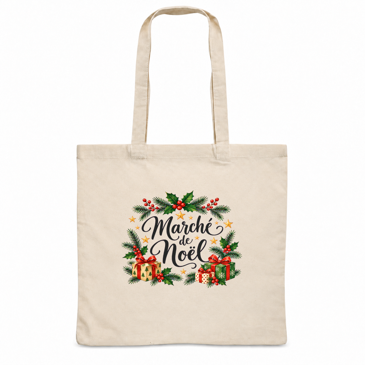 Tote bag de Noël « Marché de Noël » Essentiel, sac plat en coton naturel 140 g/m² de 38 × 42 cm, illustration à l'aquarelle de houx, de sapin et de cadeaux emballés