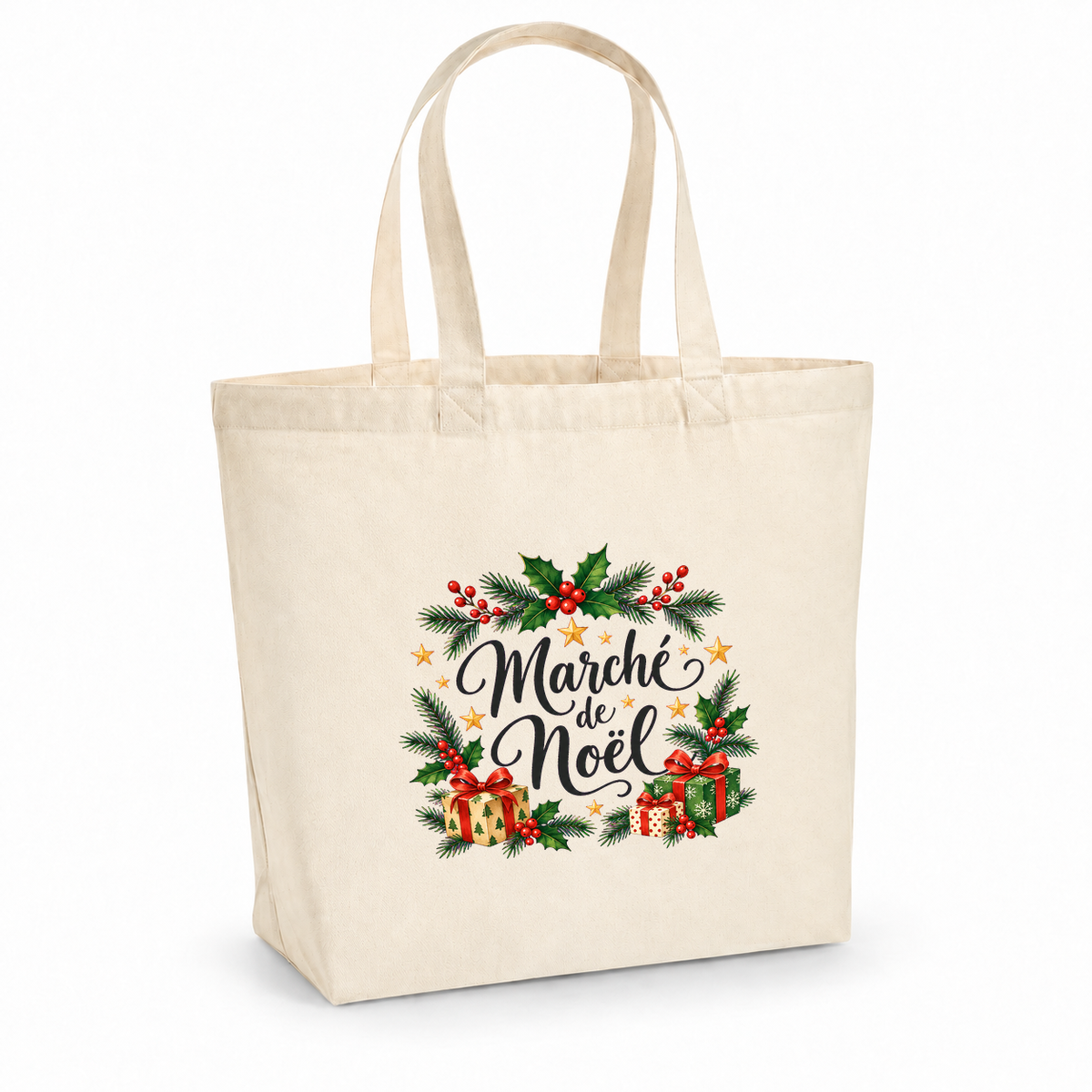 Tote bag de Noël « Marché de Noël » Premium, cabas à soufflet en coton naturel 200 g/m² de 18 litres, illustration à l'aquarelle de houx, de sapin et de cadeaux emballés