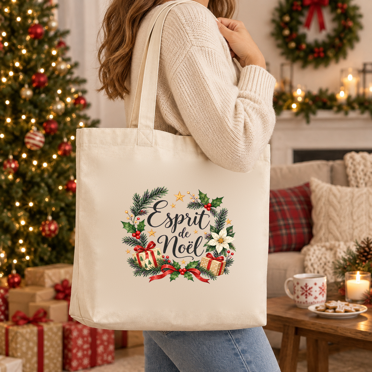 Tote bag de Noël « Esprit de Noël » Premium porté à l'épaule dans un salon décoré pour Noël, devant le sapin illuminé