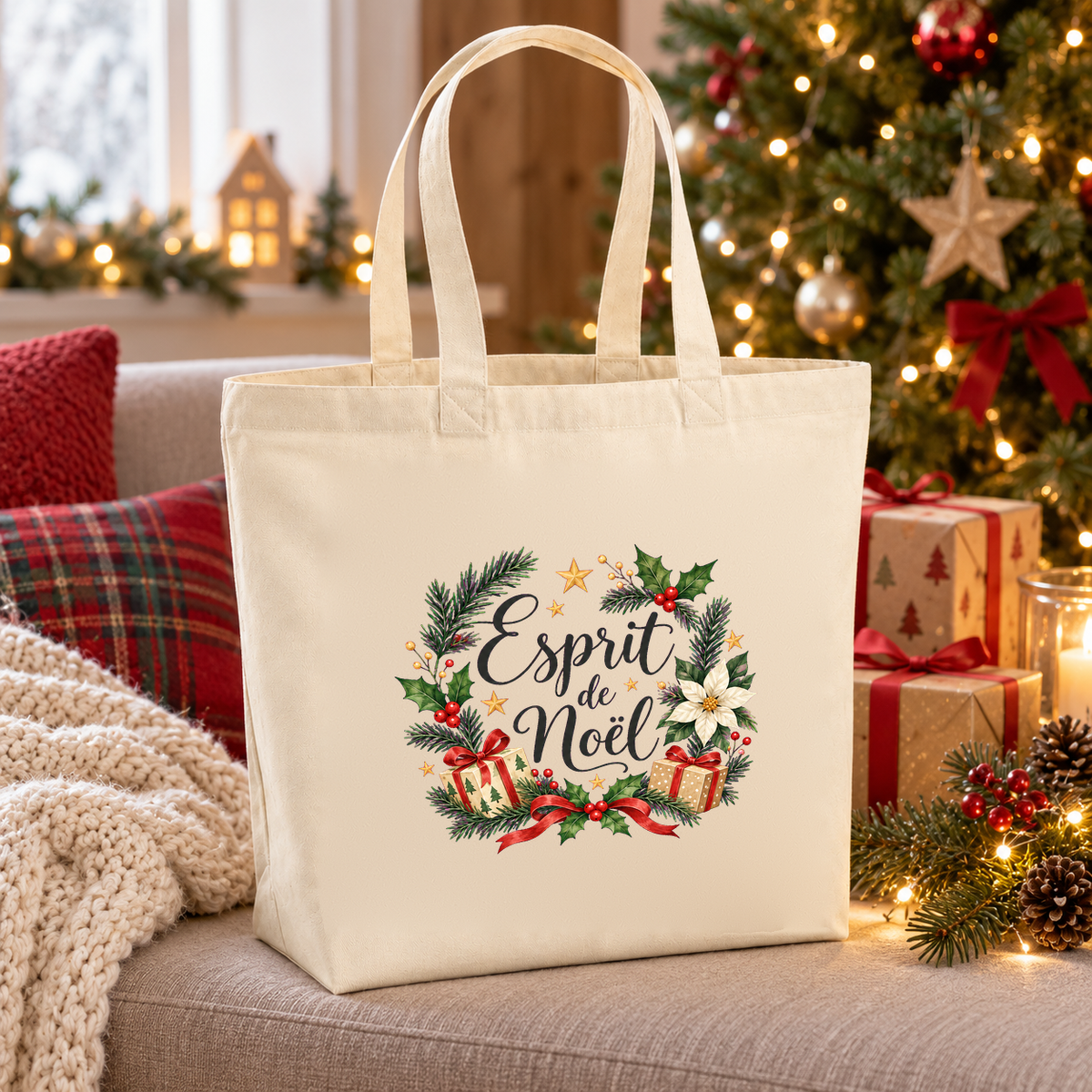 Tote bag de Noël « Esprit de Noël » Premium posé sur un fauteuil près du sapin, entre cadeaux emballés et coussins rouges