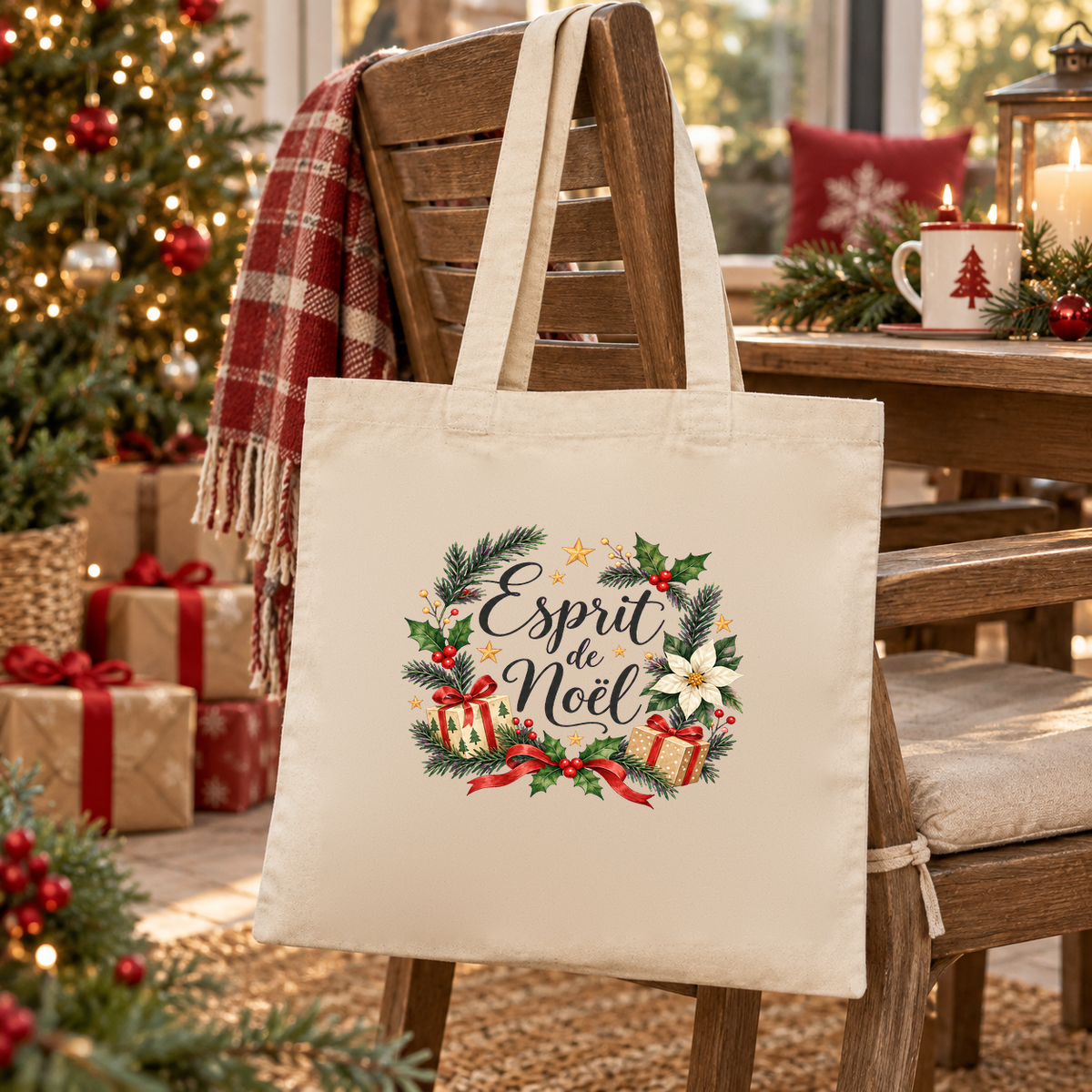 Tote bag de Noël « Esprit de Noël » Essentiel suspendu à une chaise en bois, à côté d'un plaid écossais rouge