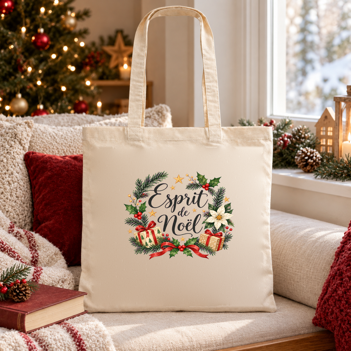 Tote bag de Noël « Esprit de Noël » Essentiel posé sur une banquette près de la fenêtre, à côté d'un livre et d'une tasse