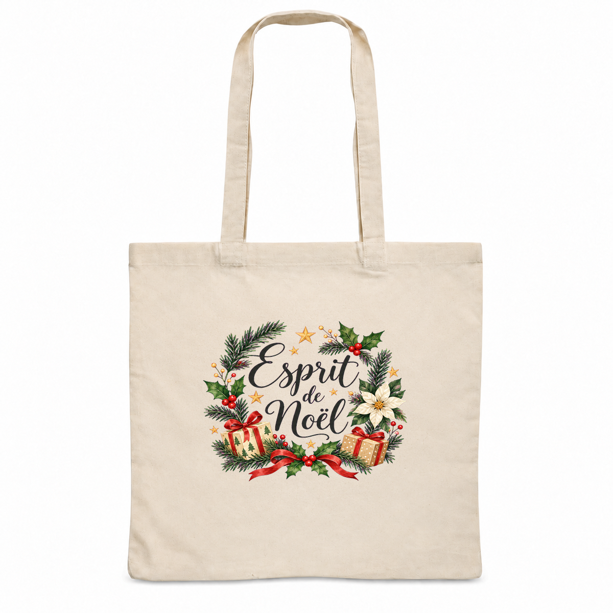 Tote bag de Noël « Esprit de Noël » Essentiel, sac plat en coton naturel 140 g/m² de 38 × 42 cm, illustration à l'aquarelle d'une couronne de houx et d'étoiles dorées