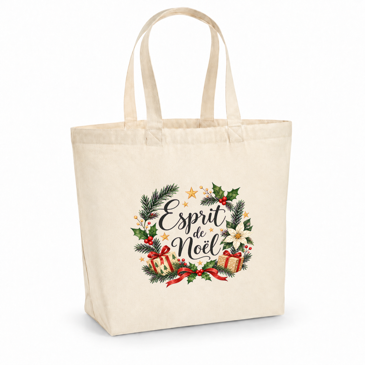 Tote bag de Noël « Esprit de Noël » Premium, cabas à soufflet en coton naturel 200 g/m² de 18 litres, illustration à l'aquarelle d'une couronne de houx et d'étoiles dorées