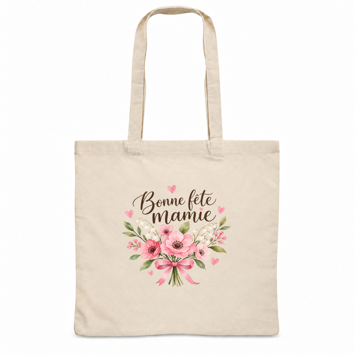 Tote bag mamie « Bonne fête mamie » Essentiel, sac plat en coton naturel 140 g/m² de 38 × 42 cm, illustration à l'aquarelle d'un bouquet de fleurs roses et de muguet