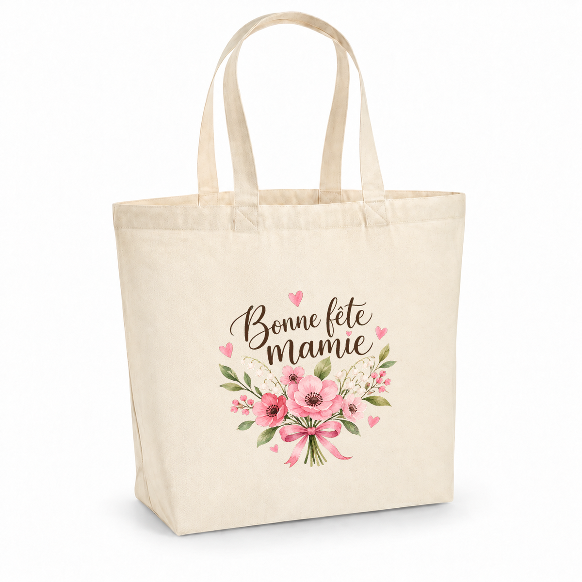 Tote bag mamie « Bonne fête mamie » Premium, cabas à soufflet en coton naturel 200 g/m² de 18 litres, illustration à l'aquarelle d'un bouquet de fleurs roses et de muguet