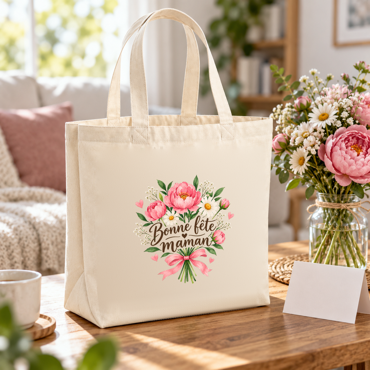 Tote bag fête des mères « Bonne fête maman » Premium posé sur une table, à côté d'un bouquet de pivoines et d'une carte