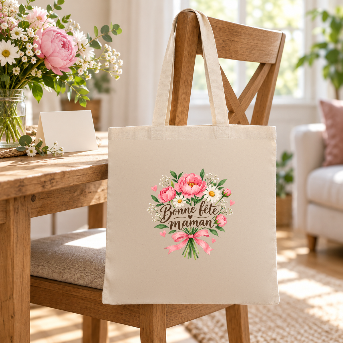 Tote bag fête des mères « Bonne fête maman » Essentiel suspendu à une chaise, à côté d'un bouquet et d'une carte
