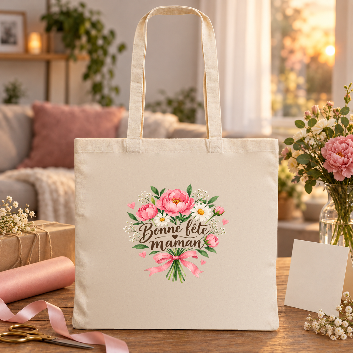 Tote bag fête des mères « Bonne fête maman » Essentiel posé sur une table à côté d'un bouquet, d'une carte et de papier cadeau