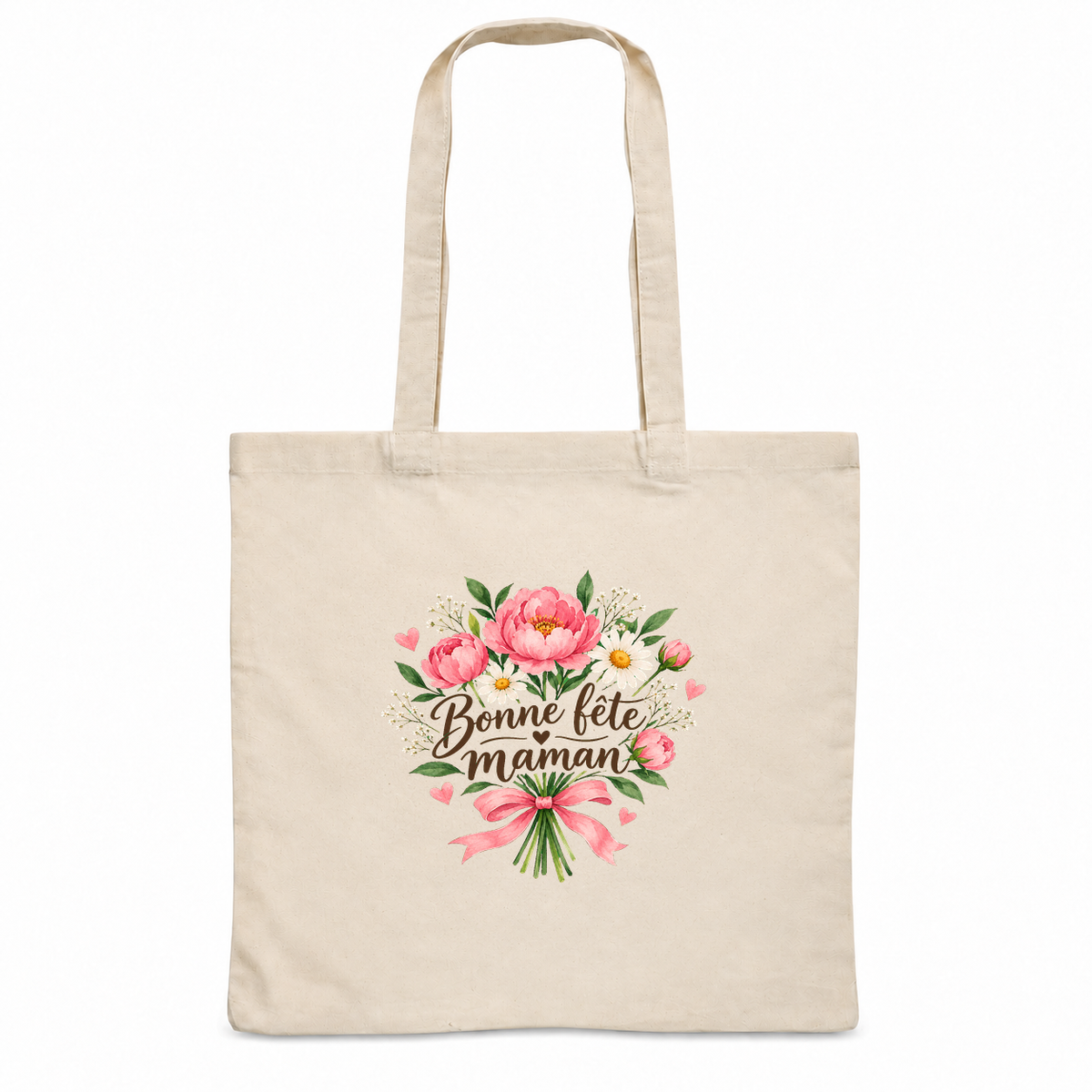 Tote bag fête des mères « Bonne fête maman » Essentiel, sac plat en coton naturel 140 g/m² de 38 × 42 cm, illustration à l'aquarelle d'un bouquet de pivoines roses et de marguerites