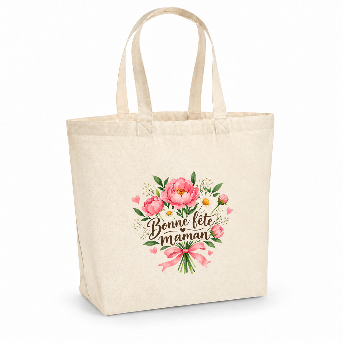 Tote bag fête des mères « Bonne fête maman » Premium, cabas à soufflet en coton naturel 200 g/m² de 18 litres, illustration à l'aquarelle d'un bouquet de pivoines roses et de marguerites