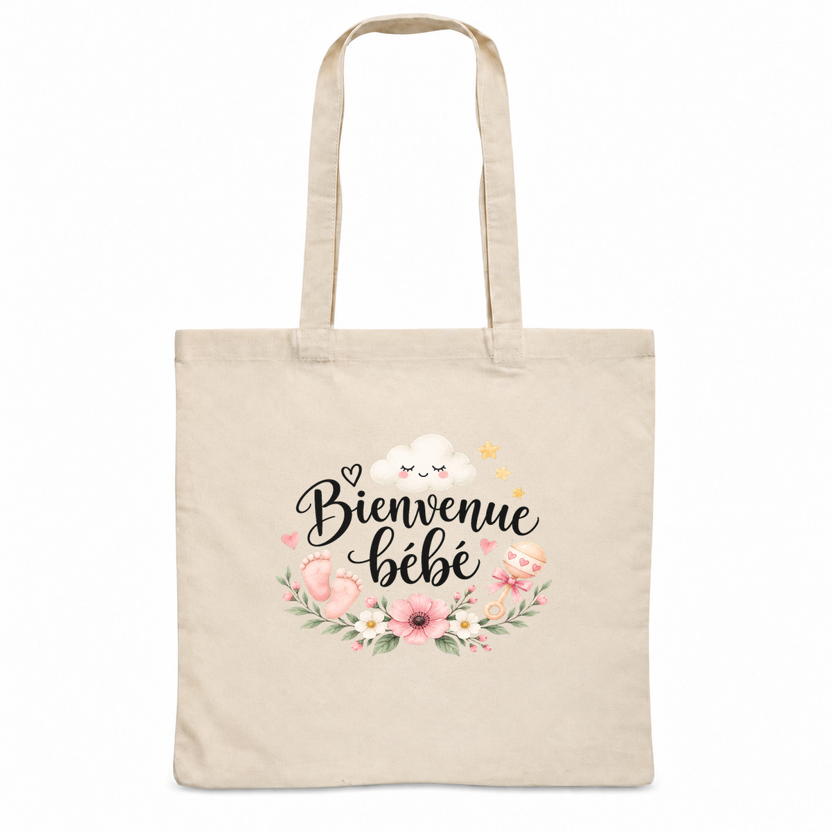 Tote bag naissance « Bienvenue bébé » Essentiel, sac plat en coton naturel 140 g/m² de 38 × 42 cm, illustration à l'aquarelle d'un petit nuage, de petits pieds roses et de fleurs
