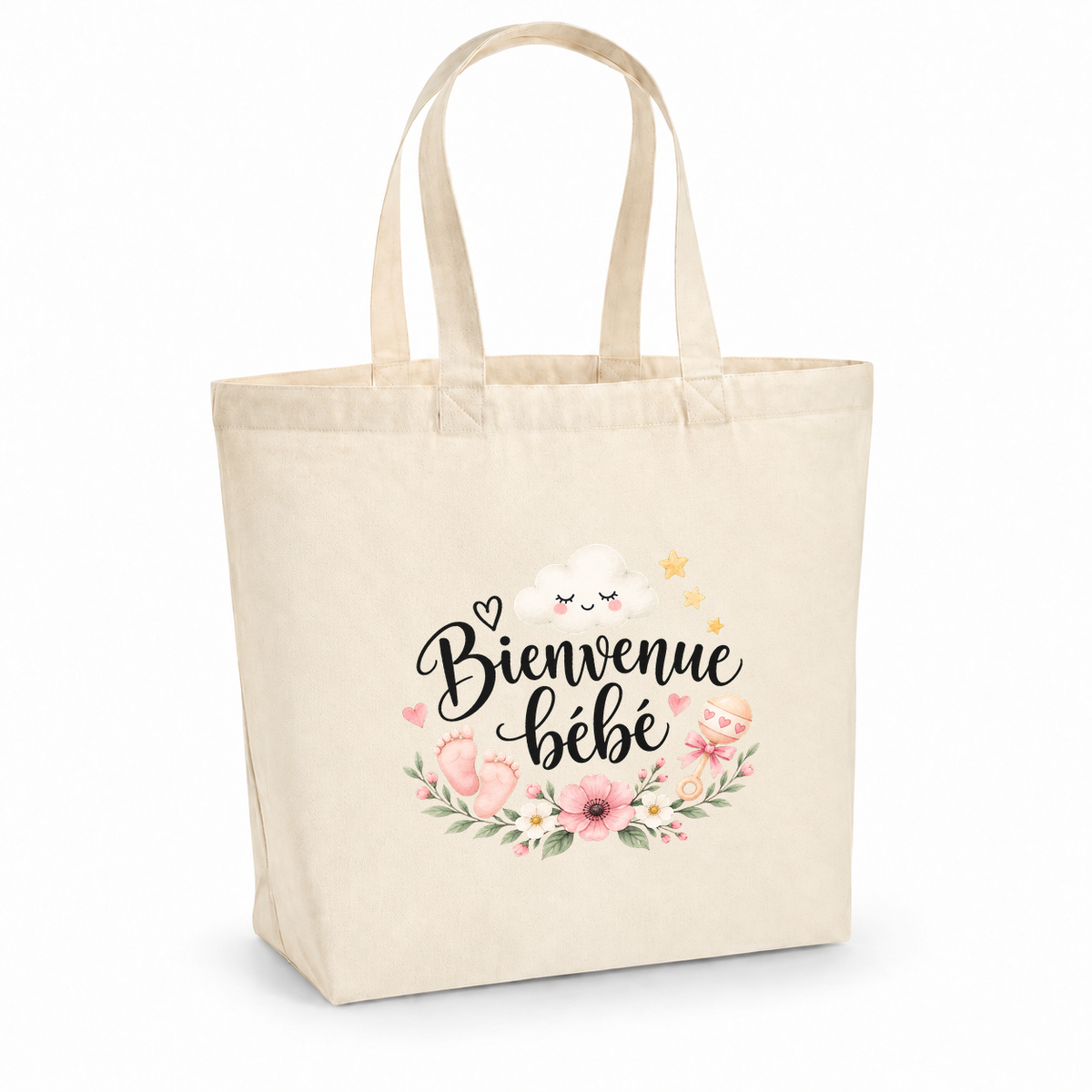 Tote bag naissance « Bienvenue bébé » Premium, cabas à soufflet en coton naturel 200 g/m² de 18 litres, illustration à l'aquarelle d'un petit nuage, de petits pieds roses et de fleurs