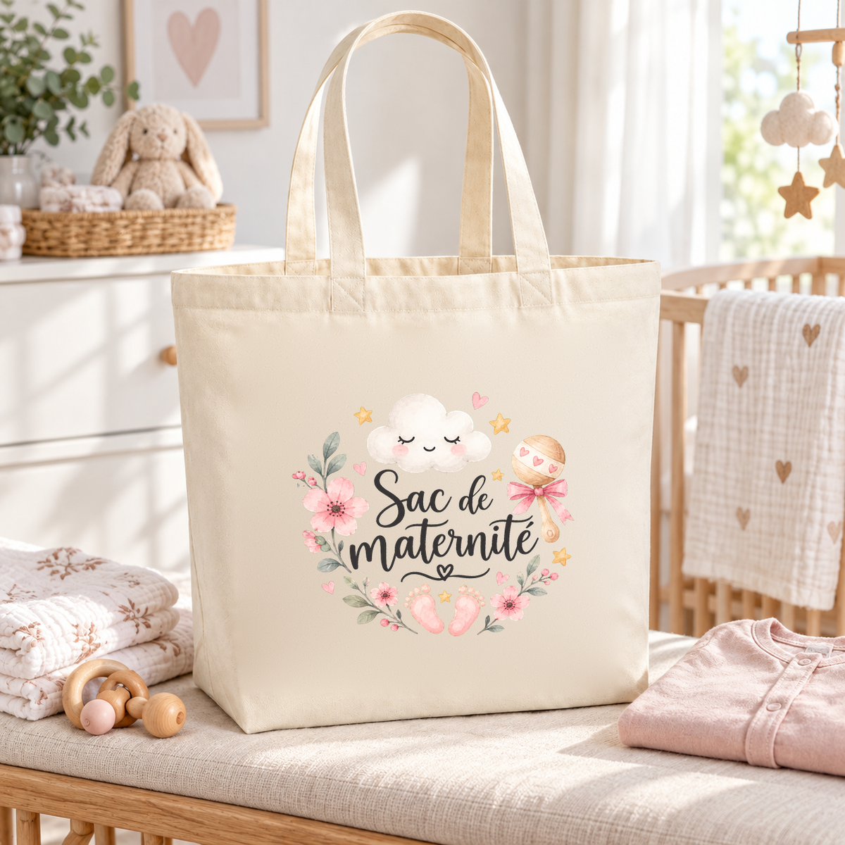 Tote bag maternité « Sac de maternité » Premium posé sur une banquette de chambre de bébé, à côté de petits vêtements pliés