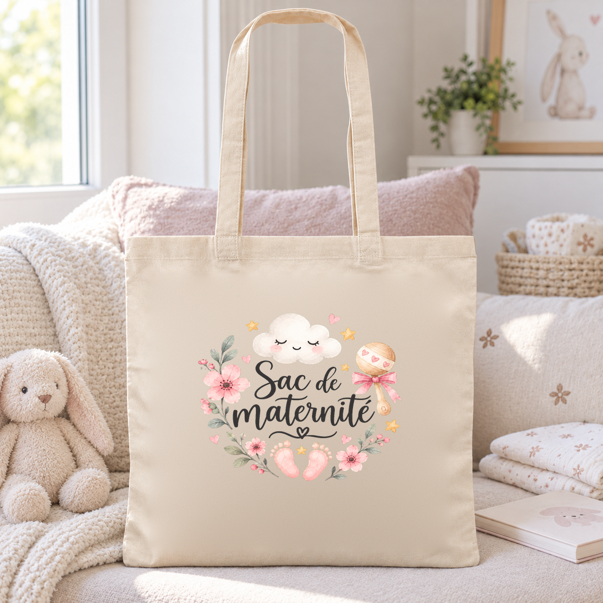 Tote bag maternité « Sac de maternité » Essentiel posé sur un fauteuil près de la fenêtre, à côté d'un lapin en peluche