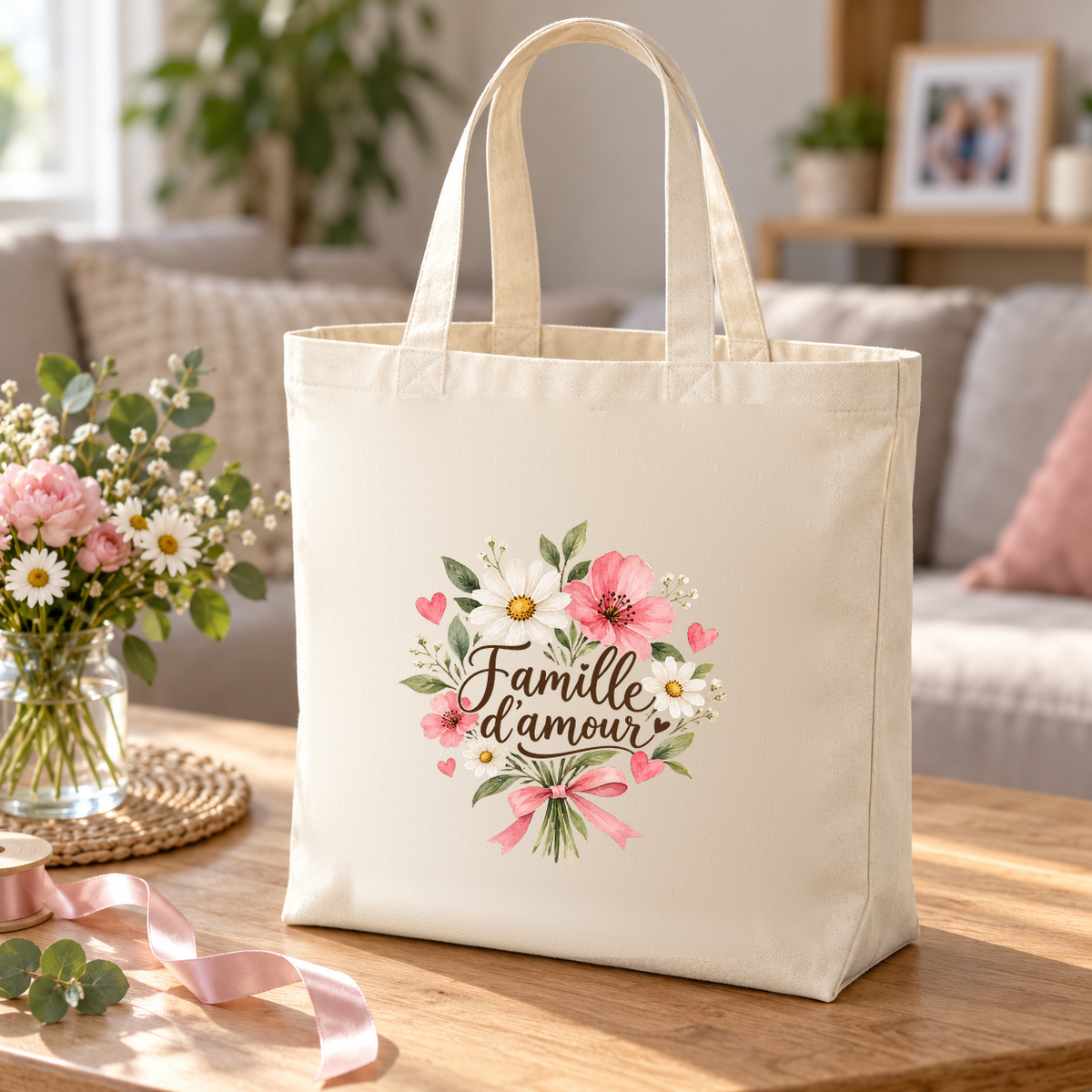 Tote bag famille « Famille d'amour » Premium posé sur une table de salon, à côté d'un bouquet et d'un ruban rose
