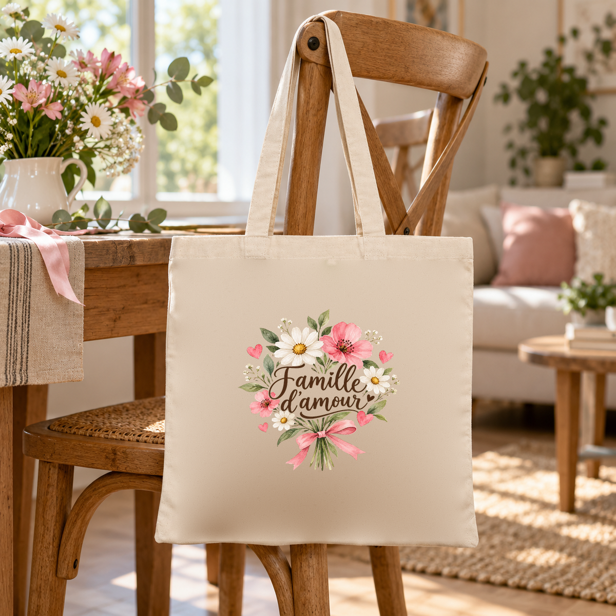 Tote bag famille « Famille d'amour » Essentiel suspendu à une chaise de salle à manger