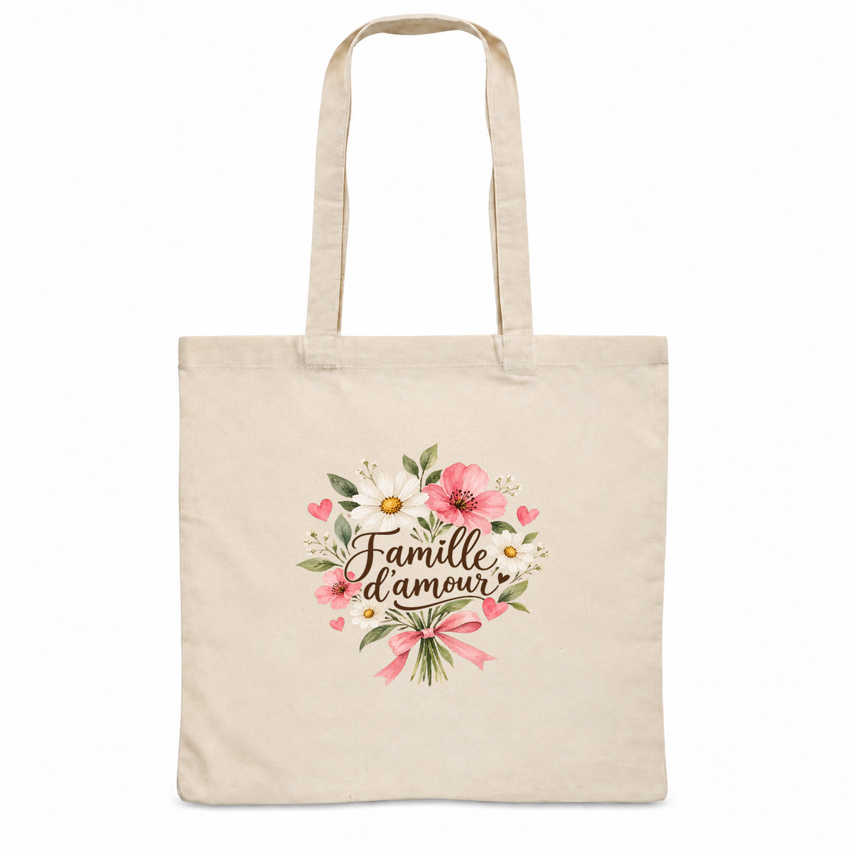 Tote bag famille « Famille d'amour » Essentiel, sac plat en coton naturel 140 g/m² de 38 × 42 cm, illustration à l'aquarelle d'un bouquet de fleurs roses et blanches noué d'un ruban
