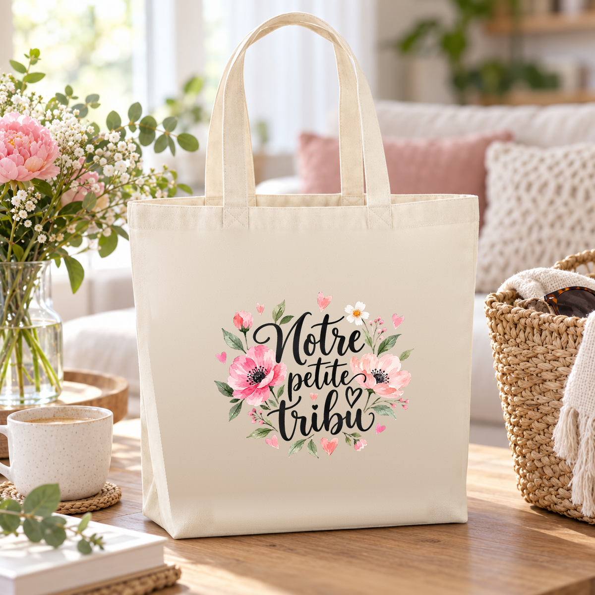 Tote bag famille « Notre petite tribu » Premium posé sur une table de salon, à côté d'un bouquet et d'un panier
