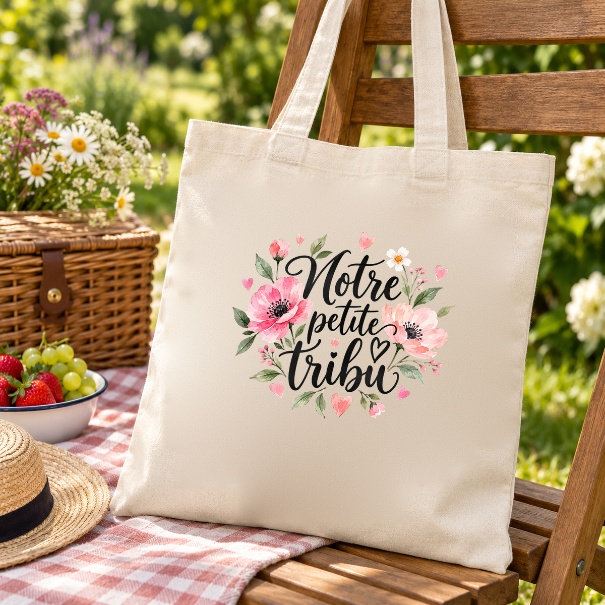 Tote bag famille « Notre petite tribu » Essentiel suspendu à une chaise de jardin, à côté d'une nappe vichy et d'un panier de pique-nique