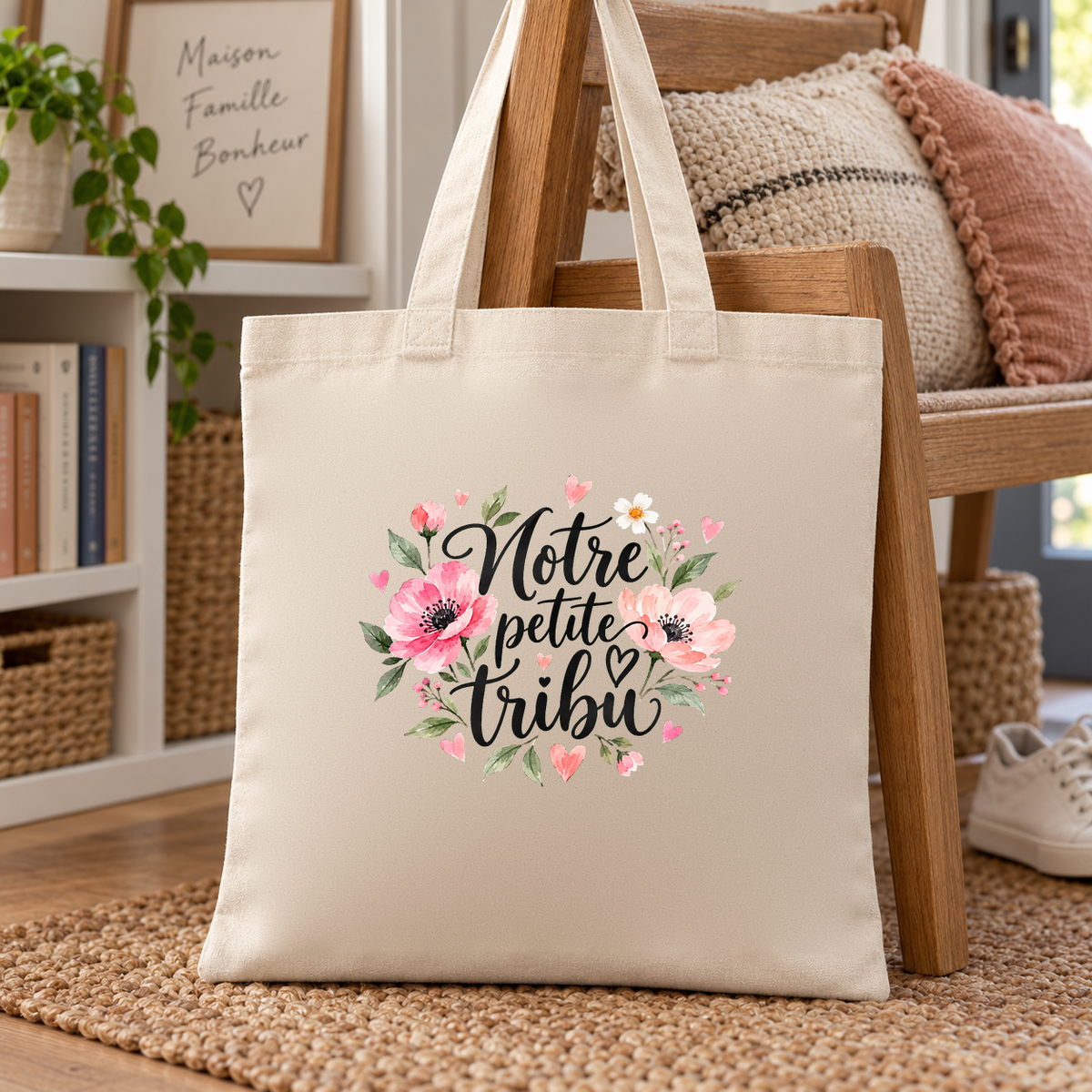 Tote bag famille « Notre petite tribu » Essentiel posé contre une chaise dans l'entrée, près d'une bibliothèque et de coussins