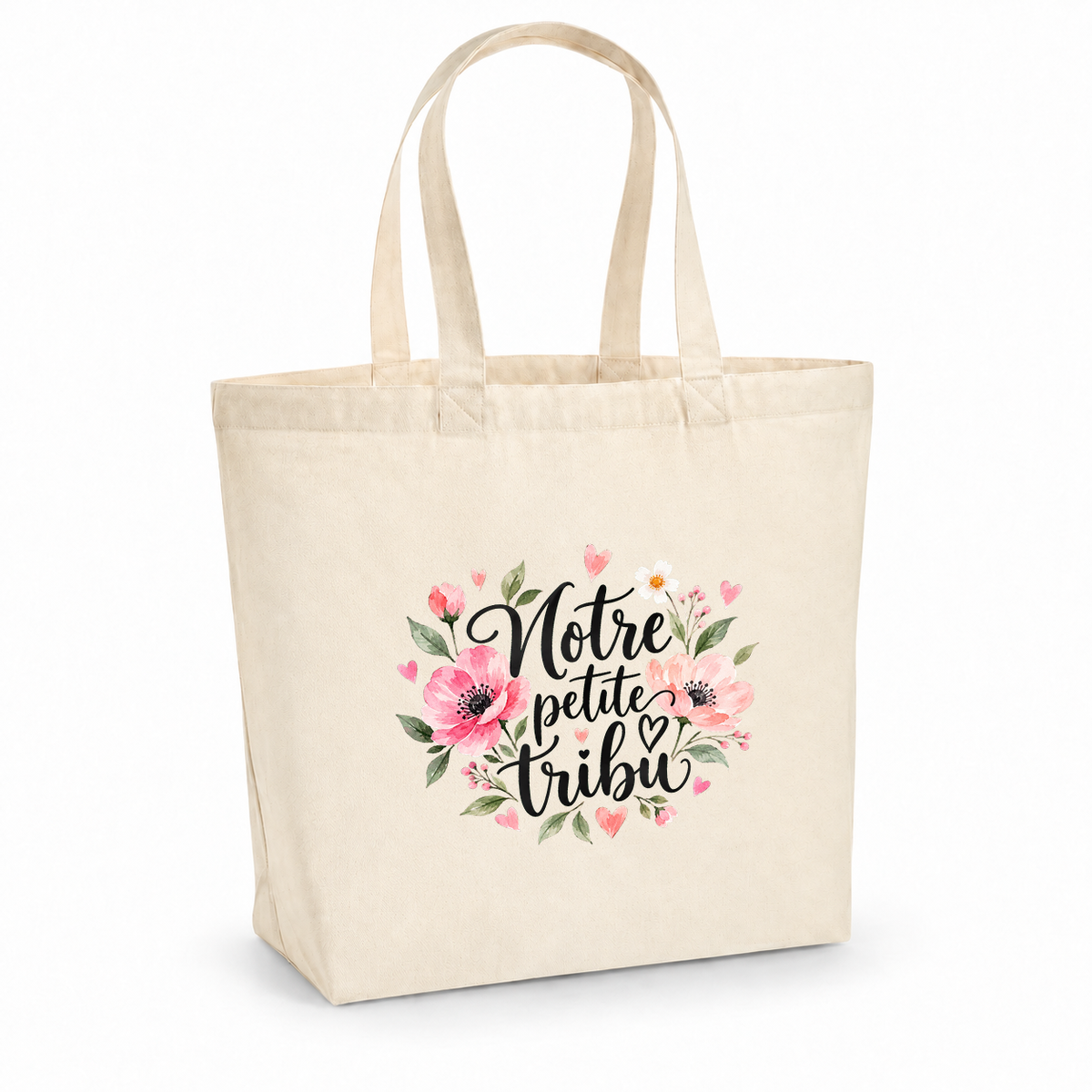 Tote bag famille « Notre petite tribu » Premium, cabas à soufflet en coton naturel 200 g/m² de 18 litres, illustration à l'aquarelle d'anémones roses et de petits cœurs