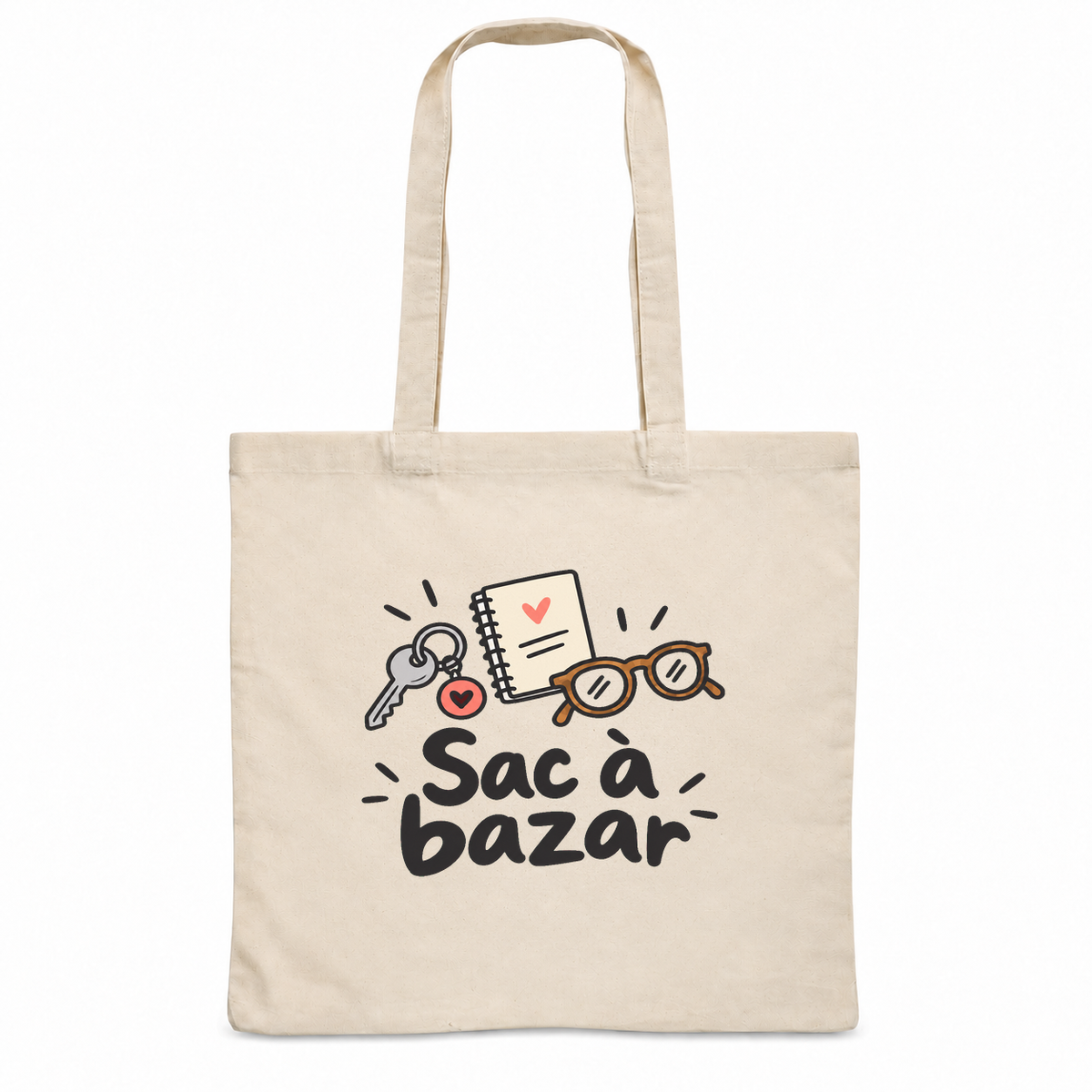 Tote bag « Sac à bazar » Essentiel, sac plat en coton naturel 140 g/m² de 38 × 42 cm, dessin naïf d'un trousseau de clés, d'un carnet et d'une paire de lunettes