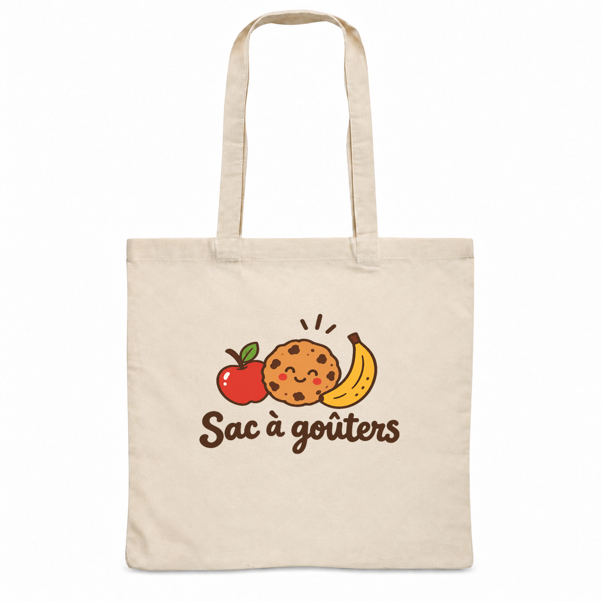 Tote bag « Sac à goûters » Essentiel, sac plat en coton naturel 140 g/m² de 38 × 42 cm, dessin naïf d'une pomme, d'un cookie souriant et d'une banane