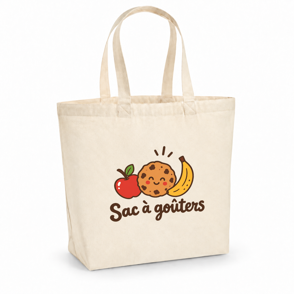 Tote bag « Sac à goûters » Premium, cabas à soufflet en coton naturel 200 g/m² de 18 litres, dessin naïf d'une pomme, d'un cookie souriant et d'une banane