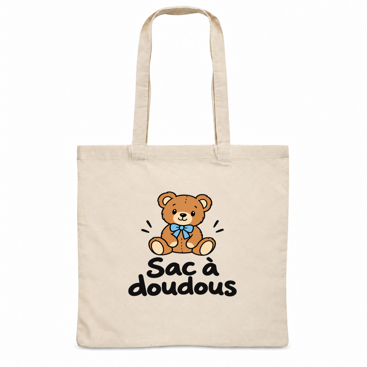 Tote bag « Sac à doudous » Essentiel, sac plat en coton naturel 140 g/m² de 38 × 42 cm, dessin naïf d'un ourson en peluche au nœud bleu